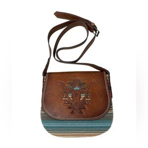 CatchFly Southwestern Steerhead Crossbody Saddle Bag Brown Faux Leather & Serape